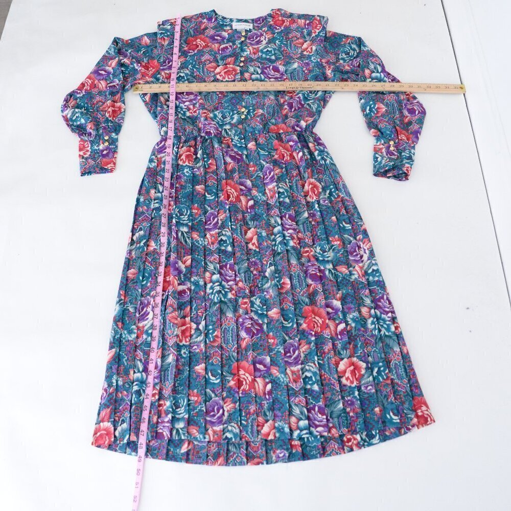 Vintage Schrader Teal Purple Floral Button Front Pleated Maxi Retro 80s Dress 18 - Picture 2 of 14